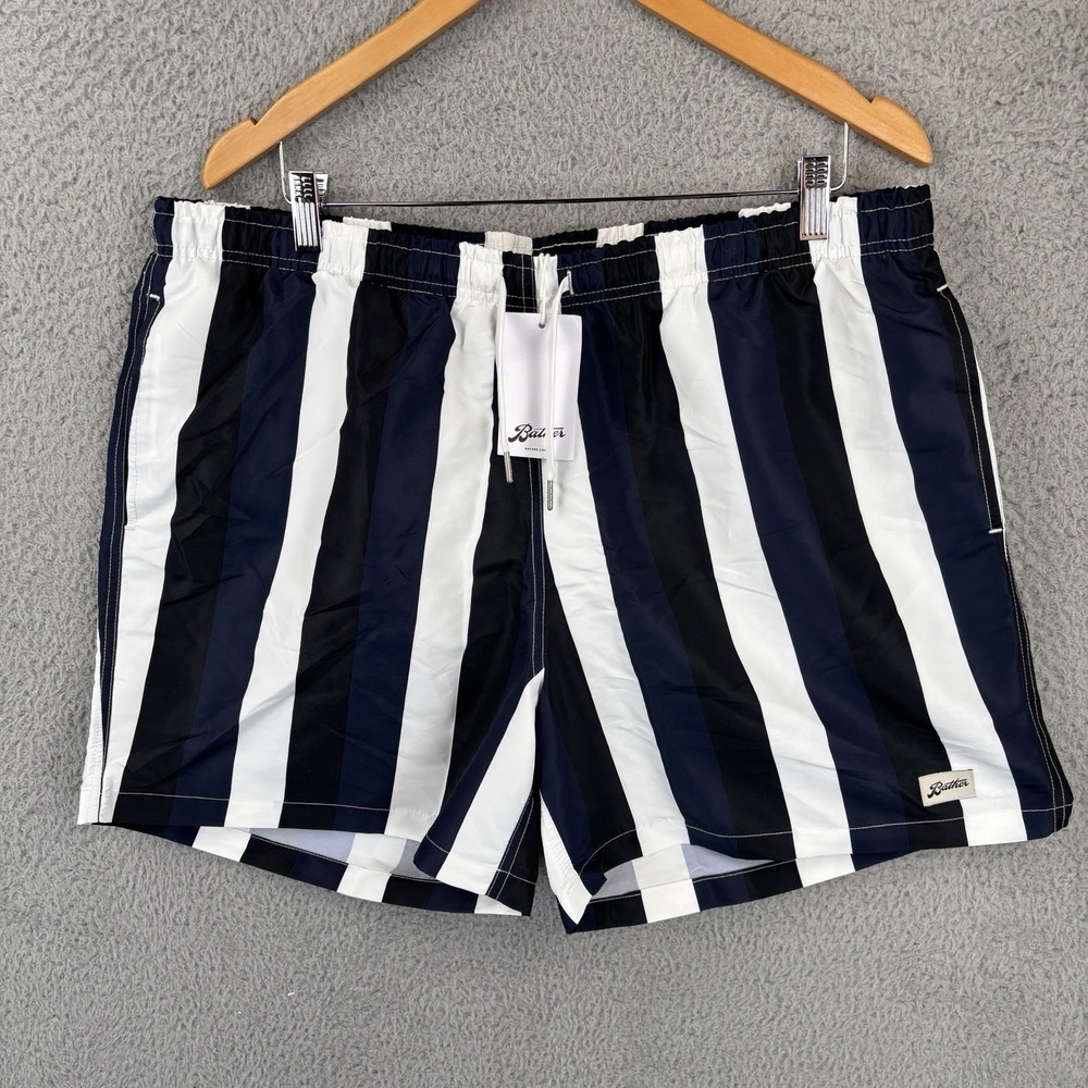 NEW Bather Swim Trunks Mens 2XL Black Blue‎ White Striped Lined 7" Inseam